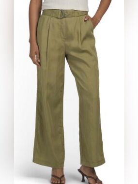 Elaine Rose Stylish Pants Wide Leg, Pull Up Belted Lightweight Light Olive NWT